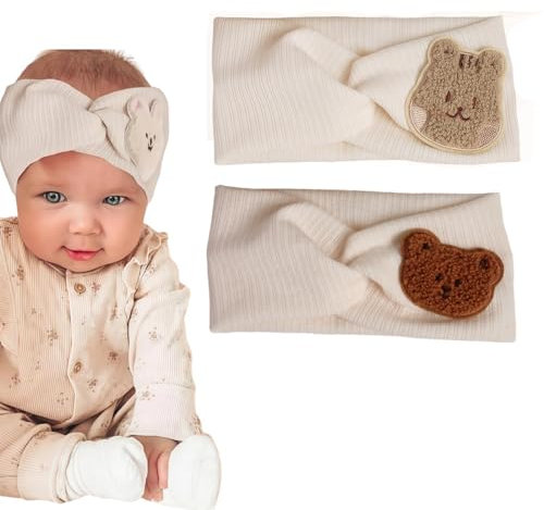 GGUFAY Bandeau élastique pour bébé - Bandeaux en Coton pour Enfants, Tout-petits, Nouveau-nés (Beige, Ours et écureuil)