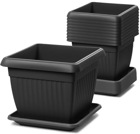 IMJ-Global Set di 10 Vasi e Sottovasi Quadrati Terra in Plastica 19x19x16 cm da Interno Esterno Colore Nero Design Classici