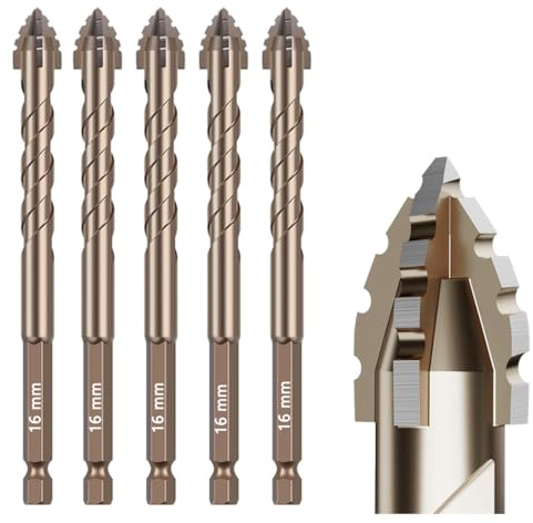 Set di 5 punte seghettate per muratura (5/8-16mm) - Acciaio ad alta velocità rivestito in titanio, design con scanalatura eccentrica per perforazione a secco di cemento, piastrelle, vetro, mattoni e