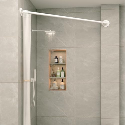 Bastone per tenda da doccia regolabile senza fori, in acciaio inox, estensibile, ad angolo a 180°, per bagno e camerino, 95-150 cm, bianco