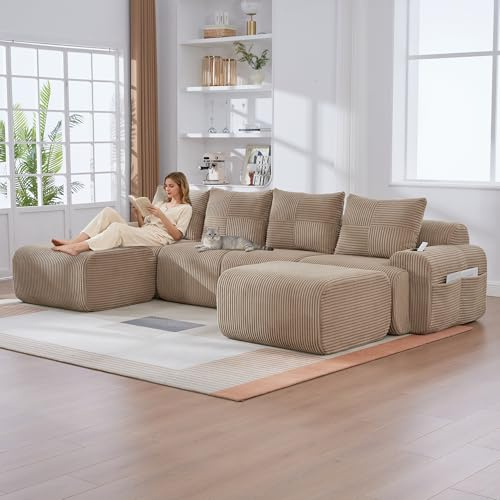 Sofá modular, cómodo sofá esquinero, tela de terciopelo y diseño ergonómico, sofá grande de 5 plazas, acolchado de espuma de memoria, construcción robusta y cómodos reposabrazos (caqui)