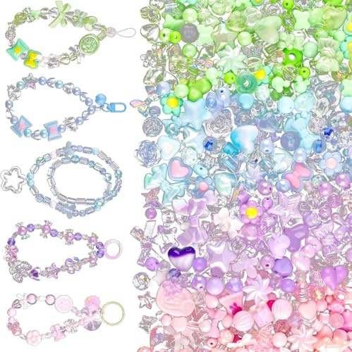Sikweny 200 Stycken Sorterade Färgglada Akrylpärl Set av Pärlor för DIY-smycken Akryl-set för DIY-armband för Flickor Hjärta Blommor Dekoration för att Skapa Armband Tillbehör Rep