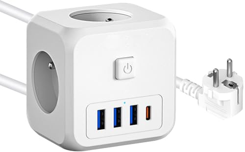Multiprise Cube 7-en-1 avec Ports USB et 3 Prises AC, 4000W, Interrupteur et câble d'extension de 1,5 mètre. Multi Prise idéale pour la Maison, Le Bureau et Les Voyages