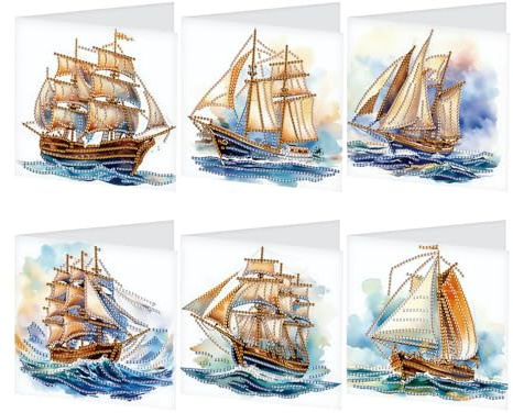 SHEGZHUC Set of 6 Diamond Painting Greeting Cards Sailing Ship, Cards Sea Ship with Envelopes, Birthday Card, Thank You Card, Blessing Card, Holiday Cards, Gift Suitable for All Ages