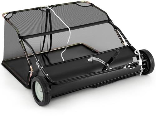 COSTWAY 126cm Tow-Behind Lawn Sweeper, Leaf & Grass Collector with 0.74M3 Capacity Hopper Bag, Adjustable Sweeping Height & Dumping Rope Design, Pull Behind Lawn Sweeper for Picking Up Grass Debris