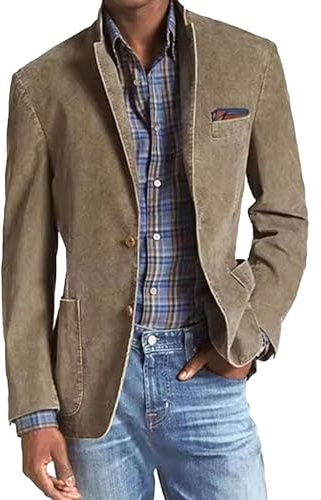 VgueElegc - Blazer in denim slim fit da uomo, monopetto, due bottoni, casual, jeans, monopetto, giacca sportiva, cachi., L