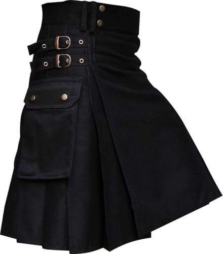 Skotsk Utility-kilt, traditionell svart bomull, dubbelspänningsdesign 61 cm nedfall, Svart, 48 inches / 122 cm