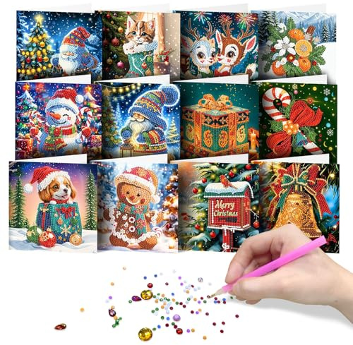 Rehecher 12 Stück 5D Diamond Painting Weihnachtskarten Set, Handgemachtes Diamant Malerei Grußkarten mit Umschlag, DIY Weihnachten Postkarten, Perfektes Weihnachten Geschenk​