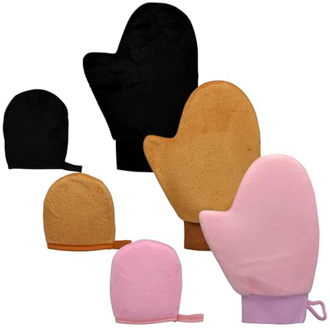 6-Pack Self Tanning Mitt Applicator Set, Double-Sided Reusable Sunless Tanning Mittens with Thumb and Cuffs for Body, Mini Face Tanner Mitt, Soft & Washable (3 Face+3 Body Mitts-Brown+Pink+Black)