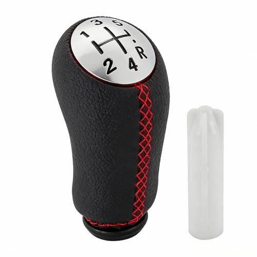 StratoNex Pomo para palanca de cambios de 5 velocidades compatible con Clio 3, Clio 4, Megane 2, Scenic 2, Laguna 2, Kangoo, Modus (costuras rojas)