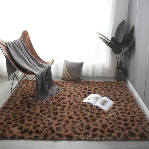 Aexpath Tapis de salon à poils longs et doux - Imprimé léopard marron - 160 x 200 cm - Lavable à la main - Résistant à la décoloration