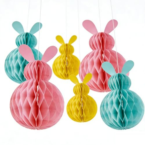 6 Pcs Easter Hanging Decorations,Paper Honeycomb Bonnet Bunny Rabbit Decor 3D Spring Easter Tree Decor Ball Pendant Festive Table Hanging Ornaments Set for Home Wooden Door Window Garden Party Scene