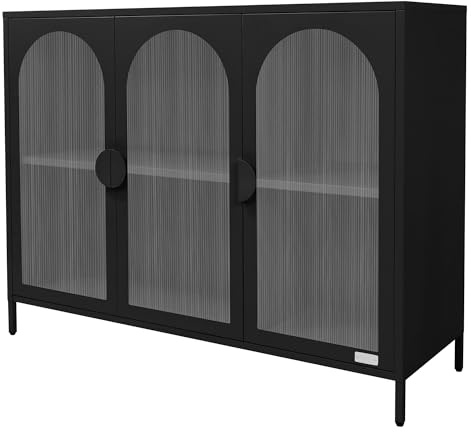 ML-Design Vitrinenschrank 120x93x40 cm aus Stahl, Schwarz, Sideboard mit 4 Ablage-/Regalfächer & 3 Türen, Metall Kommode mit verstellbaren Füßen, Vitrine Highboard Aufbewahrungsschrank für Wohnzimmer