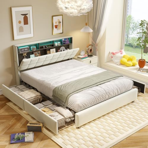 Polsterbett 160x200, Bett 160x200 cm mit 4 Schubladen & LED Beleuchtung, Doppelbett mit Stauraum und Integrierter Ladestation, Stauraumbett mit Lattenrost Höhe über Dem Boden 5 cm, Ohne Matratze