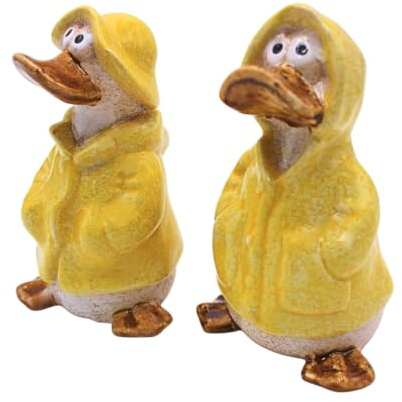XL Set med 2 dekorativa figurer, trädgårdsdekoration regnankor, dekorativa ankor, ankfigurer, trädgårdsfigur, anka, dammfigur anka i gult med regnrock och mössa som set om 2, storlek på en