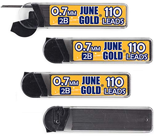 June Gold 440 Pieces, 0.7 mm 2B Lead Refills, 110 Pieces Per Dispenser, Medium Thickness, Break Resistant Lead/Graphite (Pack of 4 Dispensers)