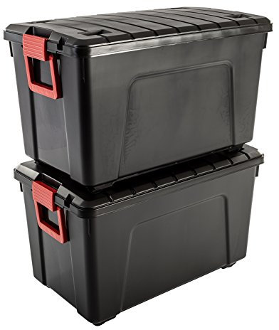 Iris Ohyama, große Kunststoff-Aufbewahrungsbox, 110 l Garagen-Aufbewahrungsbox, 2er-Set, SIA-110, schwarz, stapelbar, Verschlussklammern – B75 x T44,5 x H45 cm
