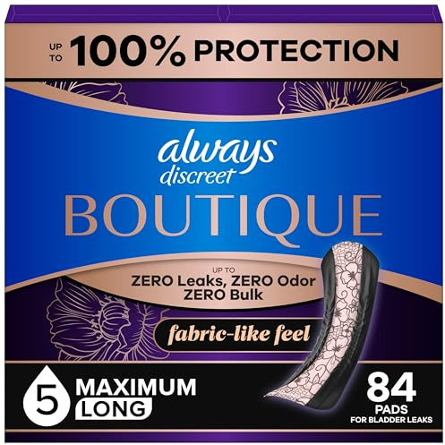 Always Discreet Boutique Adult Incontinence & Postpartum Pads For Women, Size 5, Heavy Long Abondant longues, 28 Count x 3 Packs (84 Count total) (Packaging May Vary)