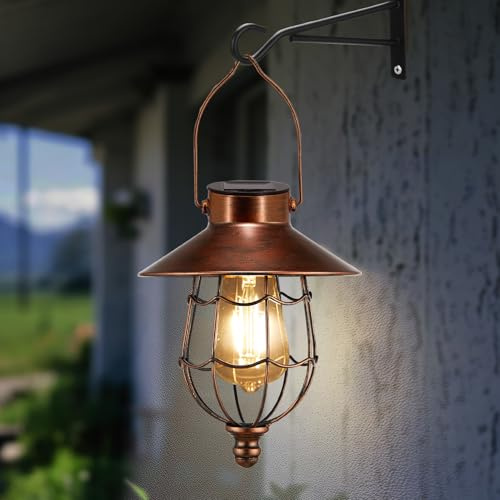 pearlstar Solar Lanterns Outdoor Hanging - Metal Vintage Lantern Warm White Solar Lights lamp Waterproof Edison Bulb Design for Pathway Garden Patio Yard Tree Decoration (1 Pack Copper)