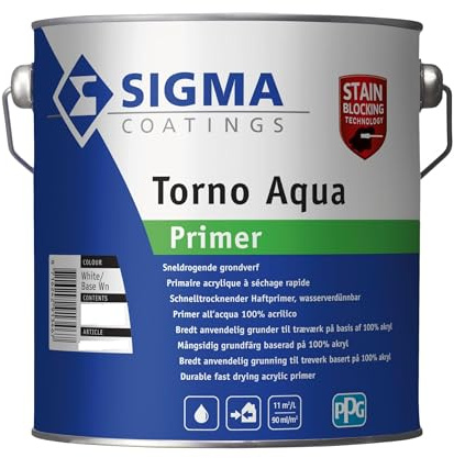 FONDO ALL'ACQUA SIGMA TORNO Aqua Primer 1 litro colore bianco. Per legno, intonaco, calcestruzzo e PVC (rigido). Prodotto multifunzione, primer, intermedio, finitura. Per interni ed esterni.