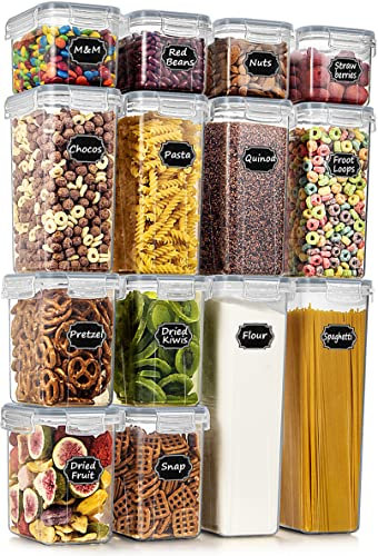 Wildone Frischhaltedosen, luftdicht, BPA-frei, für Müsli und trockene Lebensmittel, 14 Stück, für Zucker, Mehl, Snacks, Backzubehör, grauer Deckel mit 20 Kreidetafel-Etiketten und 1 Marker.