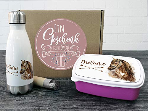 GRAZDesign Pferde Brotdose und Trinkflasche Set für Mädchen mit Namen | personalisierte Brotdose mit Trennwand | Pferd Motiv Trinkflasche aus Edelstahl 350ml Geschenk zur Einschulung