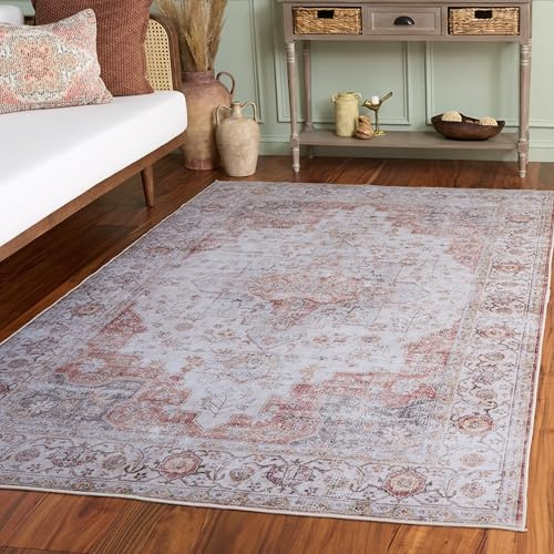 SAFAVIEH Tapis Traditionnel Idéal pour Les Zones à Fort Passage - Tucson Collection, Tapis à Poil Court, Gris Clair et Rouille, 152 X 244 cm