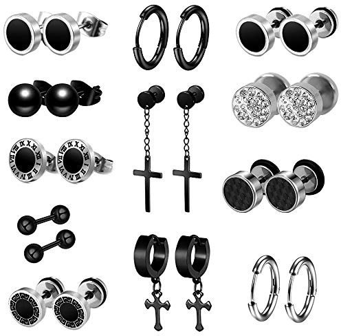 Thokono 12 Paare Creolen Ohrringe Set Edelstahl für Damen männer, modeschmuck Ohrstecker Stecker Ohrschmuck Runder Coole Hoop Piercing ohrring kreuz set Silber Schwarz