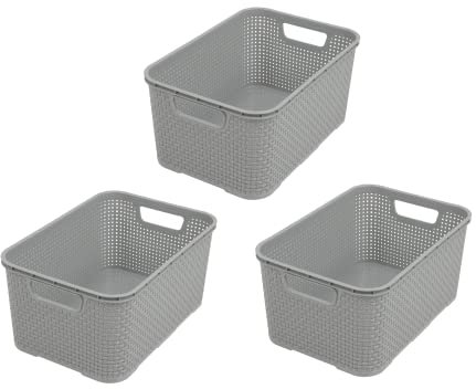BranQ - Home essential Korb in Rattan Design 3er Set Grösse S 7l, BPA-frei Kunststoff PP,Hellgrau
