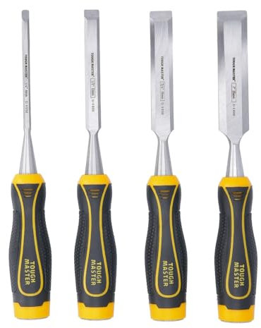 TOUGH MASTER Carving Chisel Set, 4 Piece Wood Carving Bevel Edge Chisel Tools, Carbon Steel, Strong Grip, ¼” 6mm, ½” 13mm, ¾” 19mm, 1” 25mm with Blade Tip Covers