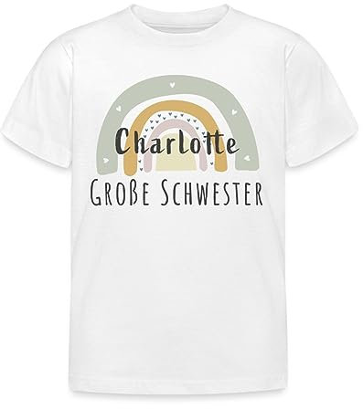Spreadshirt Große Schwester Regenbogen | Personalisierbar Mit Name | Geschwister Geschenk Personalisiert Kinder T-Shirt, 110/116 (5-6 Jahre), Weiß