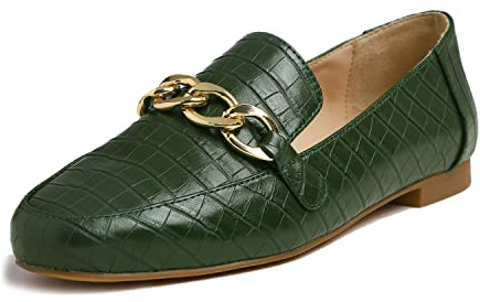 Feversole Dam Casual Comfy Trim Loafer Platt, klassisk mockasin, penny loafers, damtofflor, kostymskor, skor, Mörkgrön kroko, 39 EU