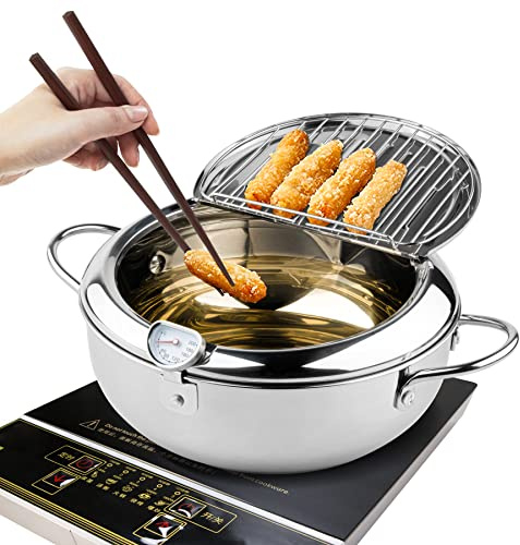 Kerilyn Deep Fryer Pot, 9.4 Inch/3.4 L Janpanese Style Tempura Frying Pot with Lid, 304 Stainless Steel with Temperature Control and Oil Drip Drainer Rack, for Kitchen French Fries, Chicken etc