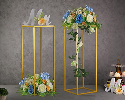 YALLOVE 2Pack 60cm Gold Wedding Flower Stand Metal Vase Column Stand Geometric Centerpiece Vase for Home Party Wedding Decorations, Rectangular Flower Display Rack
