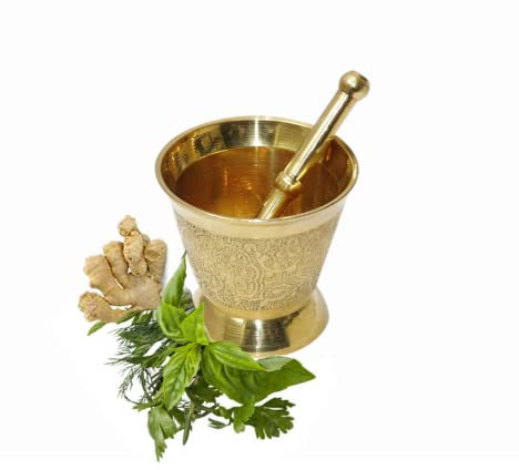LAKSHMI'S EAGLE Latón Mortero y maja Hamam Dasta Utensilios de cocina Trituradora de hierbas Molinillo de especias Tazón Molcajete Herramientas de cocina Mortero Maja Juego de 2 piezas