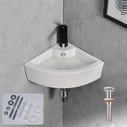 Davivy 18 x 13 Corner Bathroom Sink with Pop Up Drain and Installation Kit,Wall Mount Corner Sink,Ceramic Vessel Sink,Small Corner Sink,White Vessel Sinks,Small Vessel Sink for Bathrooms