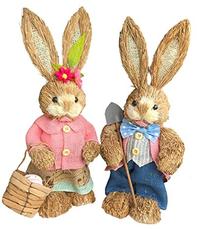 Oshhni Dibujos animados 2 piezas Conejo de Pascua Conejo Figuras de paja 35 cm Adornos Mano de obra detallada Regalos decorativos de vacaciones Realista, estilo g