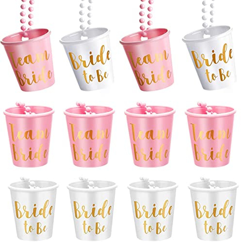 12 Pcs Verres à Liqueur Avec Chaîne, Équipe de Mariée Et Party Cups, Mug Collier de Perles, Verres à Vin En Plastique pour Enterrement de Vie de Jeune Fille, Décorations de Mariage (Rose + Blanc)