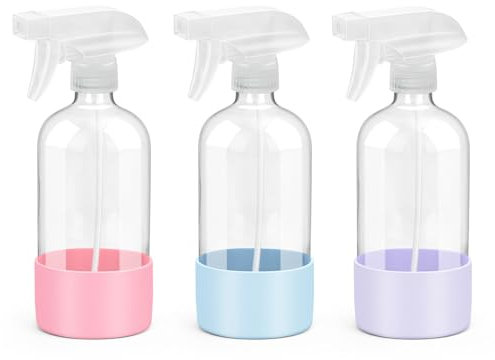 Rionisor Glassprayflaskor med silikonhylsskydd, tomma 47 ml återförslutningsbara behållare, återanvändbara sprayflaskor med justerbart munstycke för hår, rengöringslösningar, 3-pack rosa och blå och