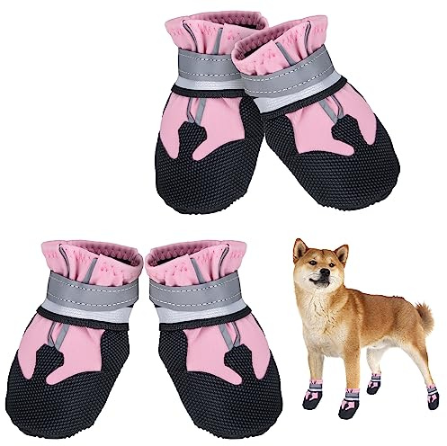 Avvrel Hundeschuhe, 4 Stück Pfotenschutz Hundestiefel rutschfeste wasserdichte Hundeschuhe mit Verstellbar Reflektierendem Riemen, Outdoor Hundeschuhe für Kleine Mittel Große Hunde (Rosa, XL)