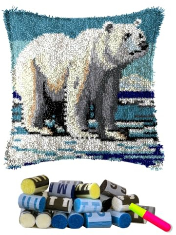 DL-YTG Latch Hook Kits Pillow Polar Bear Crochet Yarn Cushion Colour Printed Canvas Rug Needlework DIY Pillowcase Hook and Latch Kit Christmas Home Arts Crafts Sofa Decoration 42x42cm/16X16inch