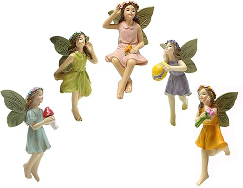 KOCNYDEY Trädgårdsminisyrer älvor mini trädgårdsfigur set älvor statyer utan pinne för utomhus trädgård gård gräsmatta heminredning härlig harts älva ängel tillbehör (5 delar)