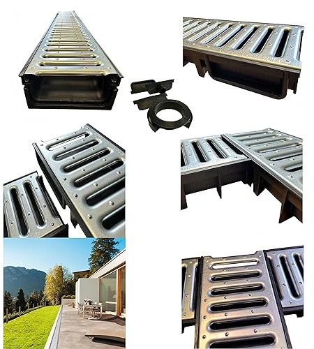 6 x Black channel with galvanised Steel Grate Ultra Low Profile Shallow Flow Drain Plastic Grating 50mm Deep x 1m Length x 125mm Width Drainage Channel suitable for Garden Patios and Driveways