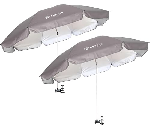AMMSUN XL Chair Umbrella with Universal Clamp 52 inches and 360-degree Swivel UPF 50+, Portable Clamp on Camping or Beach Chair, Stroller, Wheelchair, Golf cart, Lounger (Grey-2 PACK)