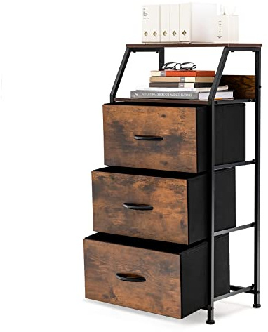 HOMASIS Aufbewahrungsschrank mit 3 Schubladen & 2 Ablagen, Industrial-Stil | Beistellschrank aus Holz und Metall für Wohnzimmer und Schlafzimmer, Kommode, Braun, 45 x 29,5 x 92 cm
