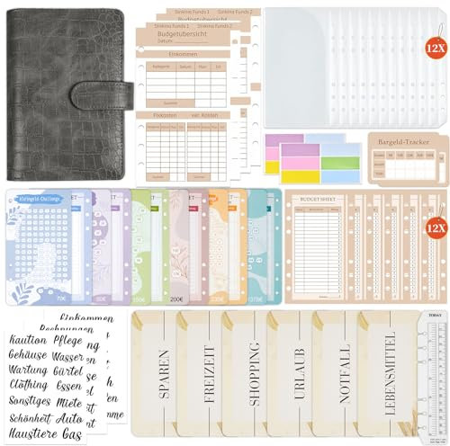 OFFCUP Budget Planner Deutsch, Budget Binder A6 Geld Organizer Budget Planer Finanzplaner Budgetplaner-Kit mit 12 Binder Taschen, 12 Budgetblätter, Herrscher, Etiketten und Aufkleber (Grau)