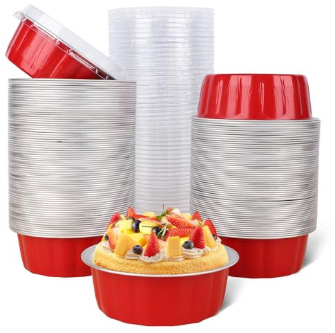 Beasea Lot de 120 ramequins jetables pour la pâtisserie, 237 ml, 10,2 cm avec couvercles, mini moules ronds en aluminium rouge pour crème brûlée, petits moules à tarte, cupcakes, tartes et tartes -