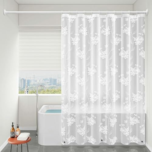 Whoiy Duschvorhang 120 x 200, Weiß Duschvorhang Blumen Durchsichtig Wasserdicht Antischimmel Badvorhang mit Duschvorhangringen