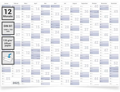 Gigatime DIN B1 Wandkalender 2025 Jahresplaner 100x70 cm groß Kalender 2025 in deutsch. Wandplaner, Jahreskalender, Kalender XXL, Wandkalender Querformat idealer Büroplaner, Familienkalender