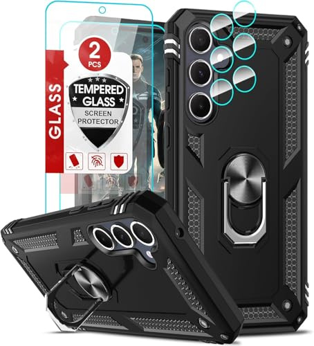 LeYi Handyhülle für Samsung Galaxy A55 5G Hülle [2 Schutzfolie und 2 Kamera Glasfolie] Militär Stoßfest Handy Hüllen Metall Ring Schutzhülle Ständer Cover Outdoor A 55 5 G Case Schwarz
